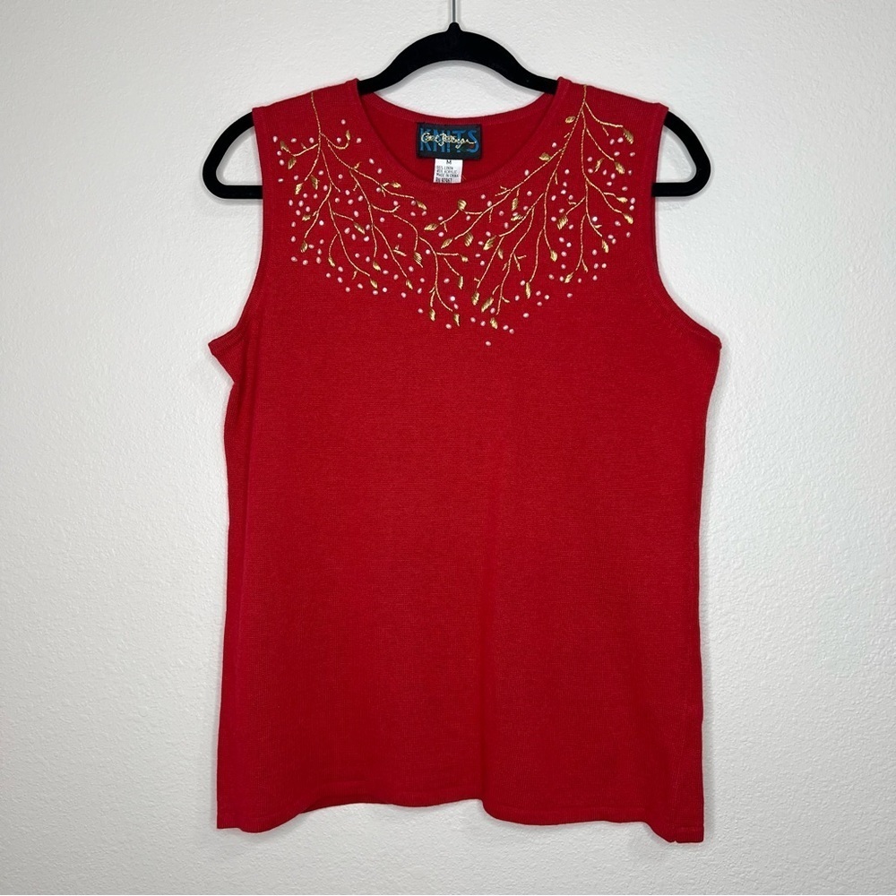 Carol Patterson Knits Red Linen Blend Pearl Beaded Embroidered Knit Top NWT